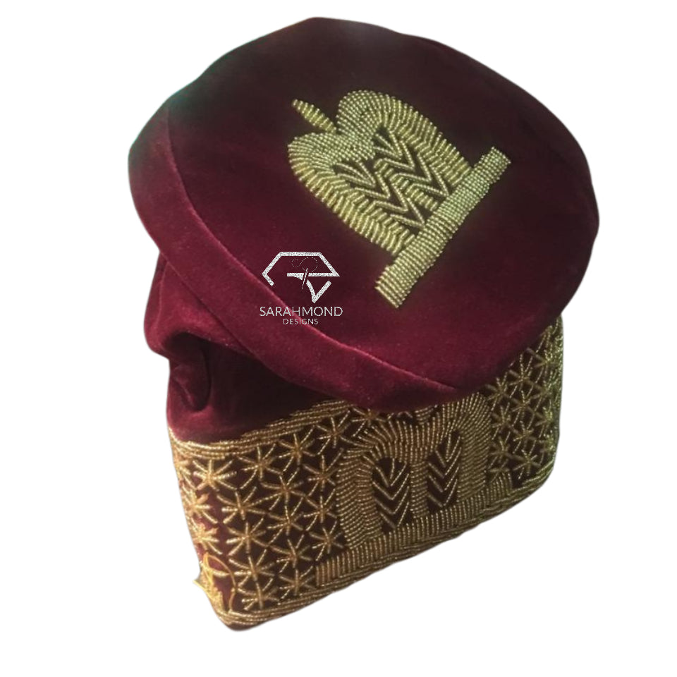 Reese Men's Beaded Velvet African Cap And Hat In Burgundy With Gold Color Beads - Men's Accessories