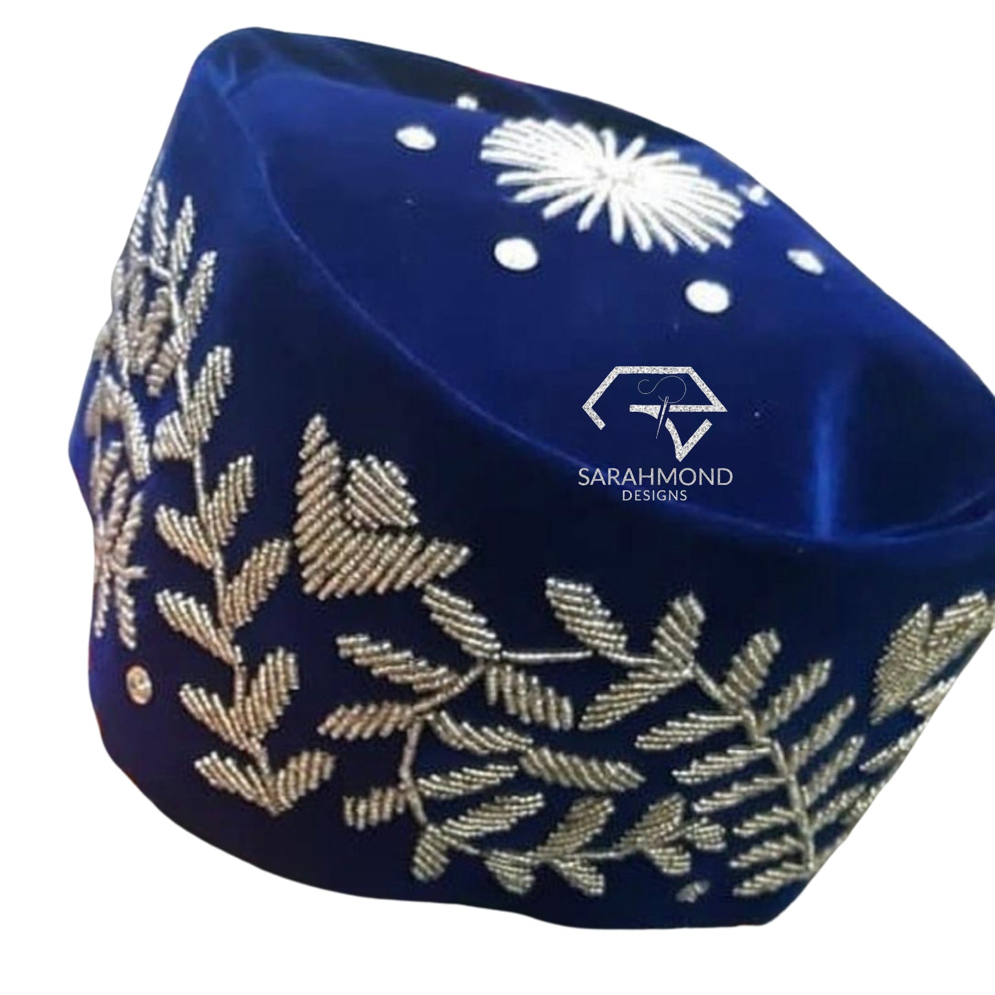 Aiden Men's Beaded Velvet African Cap And Hat In Blue With Silver Color Beads - Men's Accessories