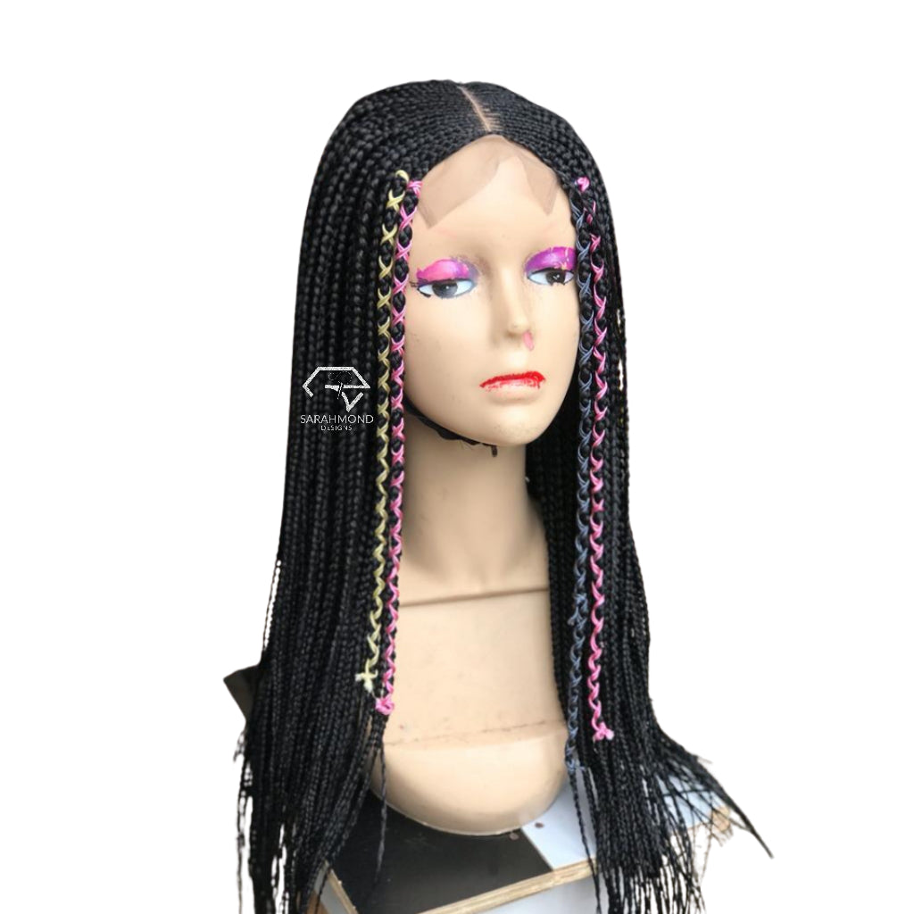 Knotless Designed Ready To Ship And Custom African Braided Wig Black Yellow And Pink - Long Medium Braids