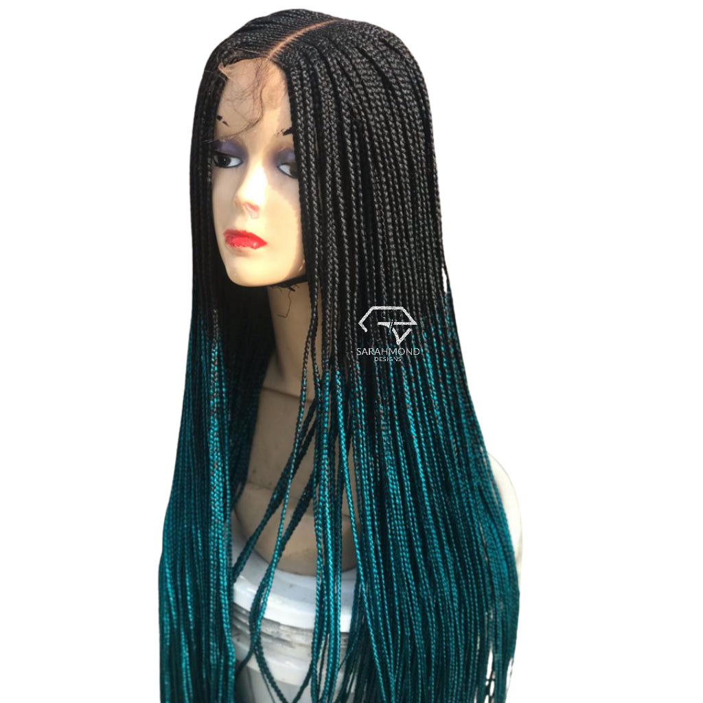 Knotless Center Part Ready To Ship And Custom African Braided Wig Black And Turquoise - Long Medium Braids