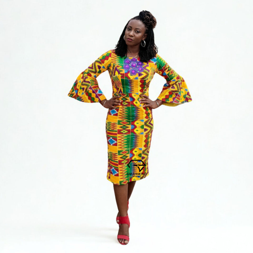 Yellow Sun Ankara Straight Short Dress With Bell Sleeves And Belt - Custom Made