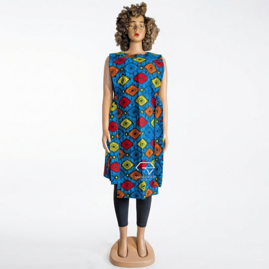 Sarahmond Designs Adele Women's African Print Kimono with Side Belts In Blue, Black ,Yellow, Red And Orange Color Combination featuring a round neck front view. Includes free worldwide express shipping.