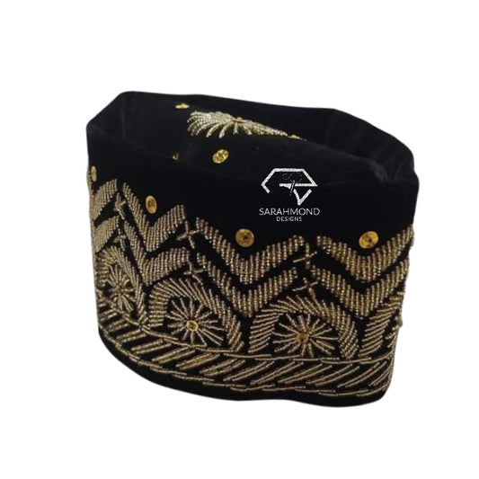 James Men's Beaded Velvet African Cap And Hat In Black With Gold Color Beads - Men's Accessories