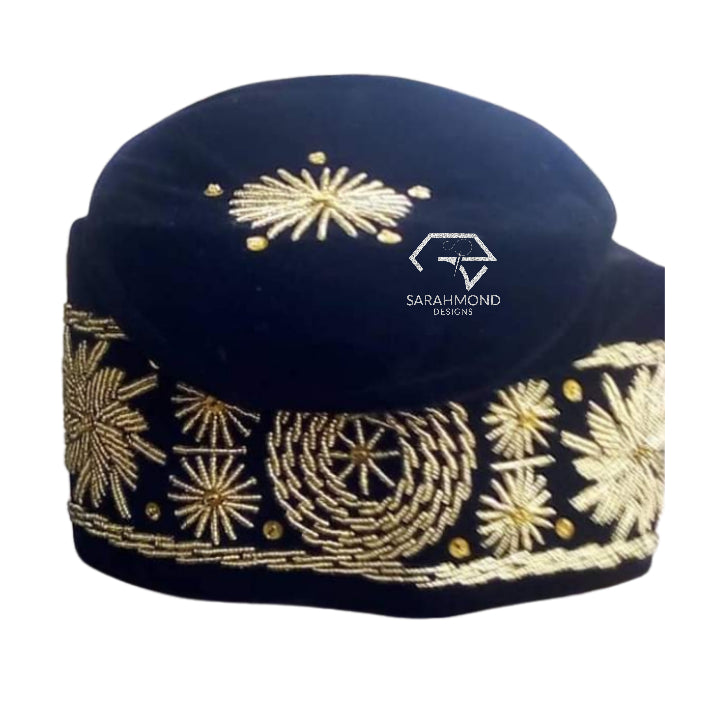 Ace Men's Beaded Velvet African Cap And Hat In Black With Gold Color Beads - Men's Accessories