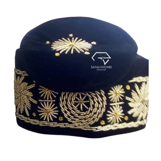 Ace Men's Beaded Velvet African Cap And Hat In Black With Gold Color Beads - Men's Accessories