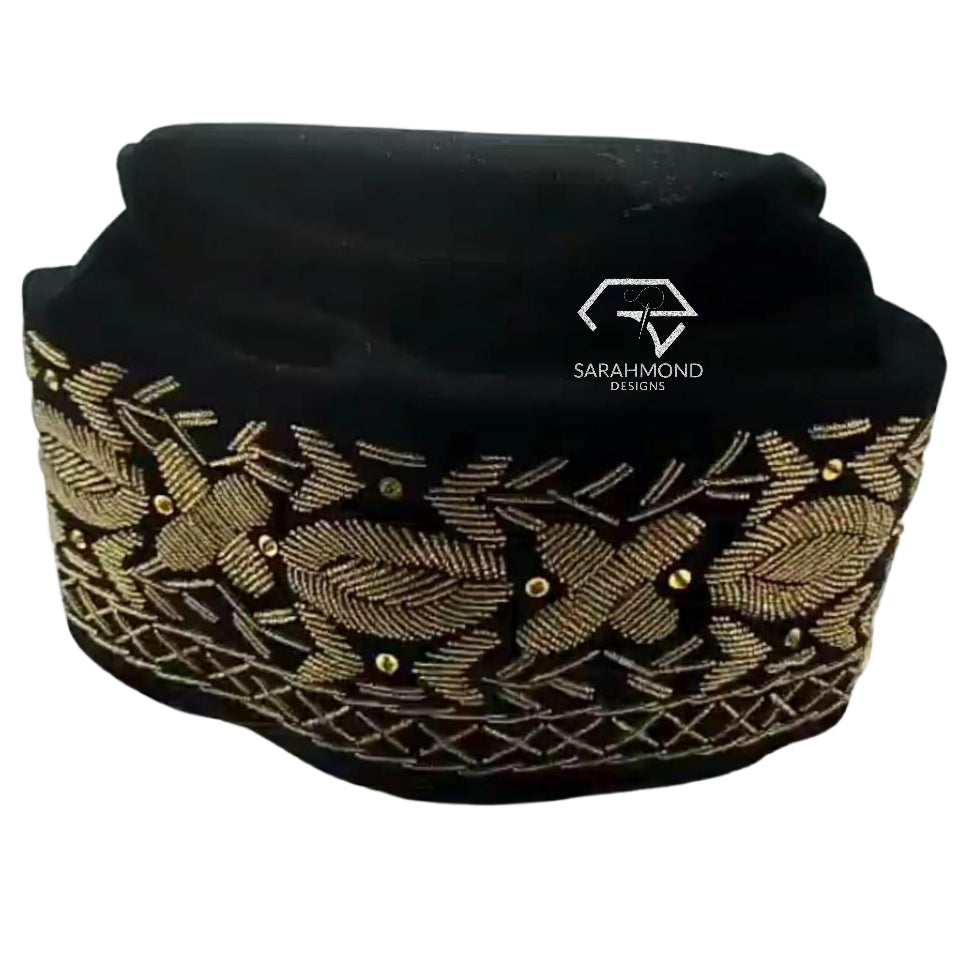 Oliver Men's Beaded Velvet African Cap And Hat In Black With Gold Color Beads - Men's Accessories