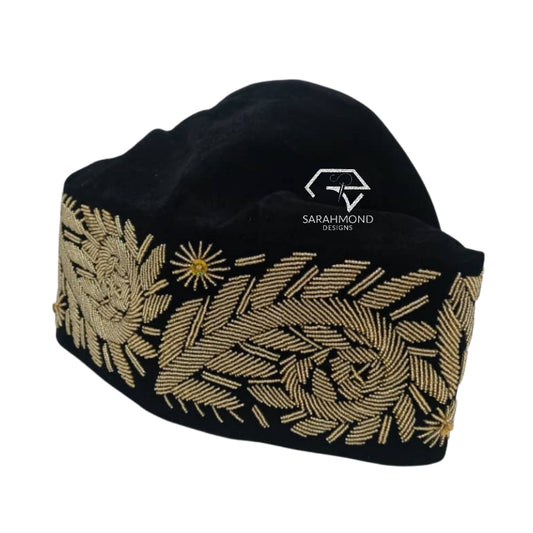 Cash Men's Beaded Velvet African Cap And Hat In Black With Gold Color Beads - Men's Accessories