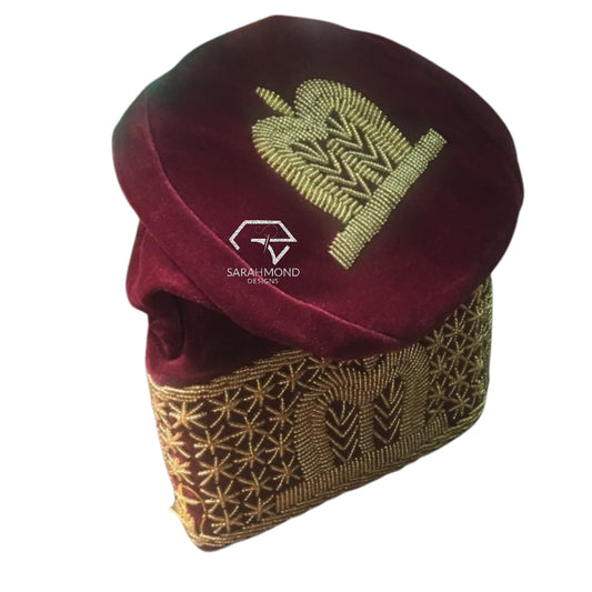 Reese Men's Beaded Velvet African Cap And Hat In Burgundy With Gold Color Beads - Men's Accessories