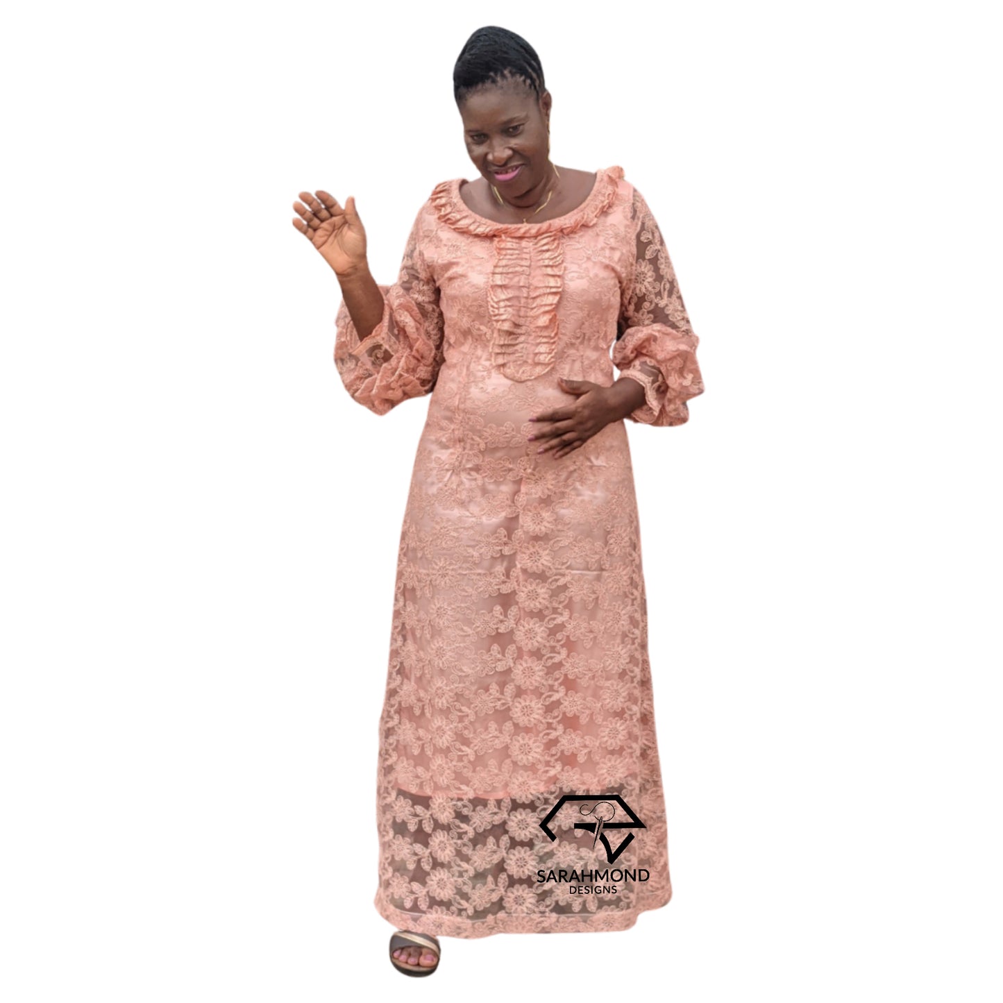 Moma Lace Long Dress With Bubble Sleeves And Crown Neckline - Custom Made