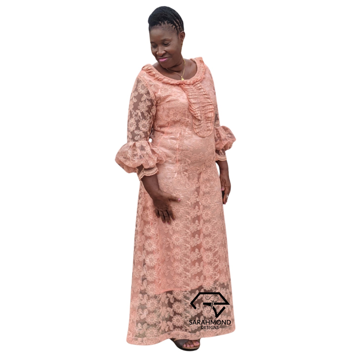Moma Lace Long Dress With Bubble Sleeves And Crown Neckline - Custom Made