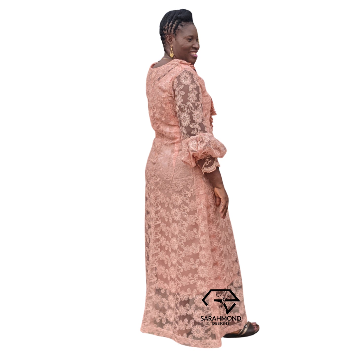Moma Lace Long Dress With Bubble Sleeves And Crown Neckline - Custom Made