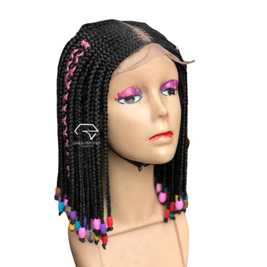 Knotless Designed Bob With Beads Ready To Ship And Custom African Braided Wig Black Pink Red And Blue - Short Medium Braids