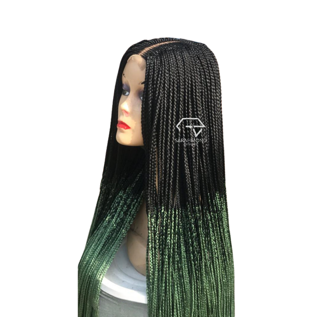Knotless Ready To Ship And Custom African Braided Wig Black And Green - Long Semi Tiny Braids