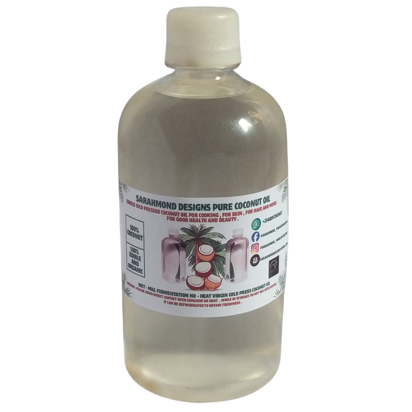 100% Pure Edible Organic Virgin Cold Pressed Coconut Oil - For Consumption - For Cooking - For Skin - For Hair