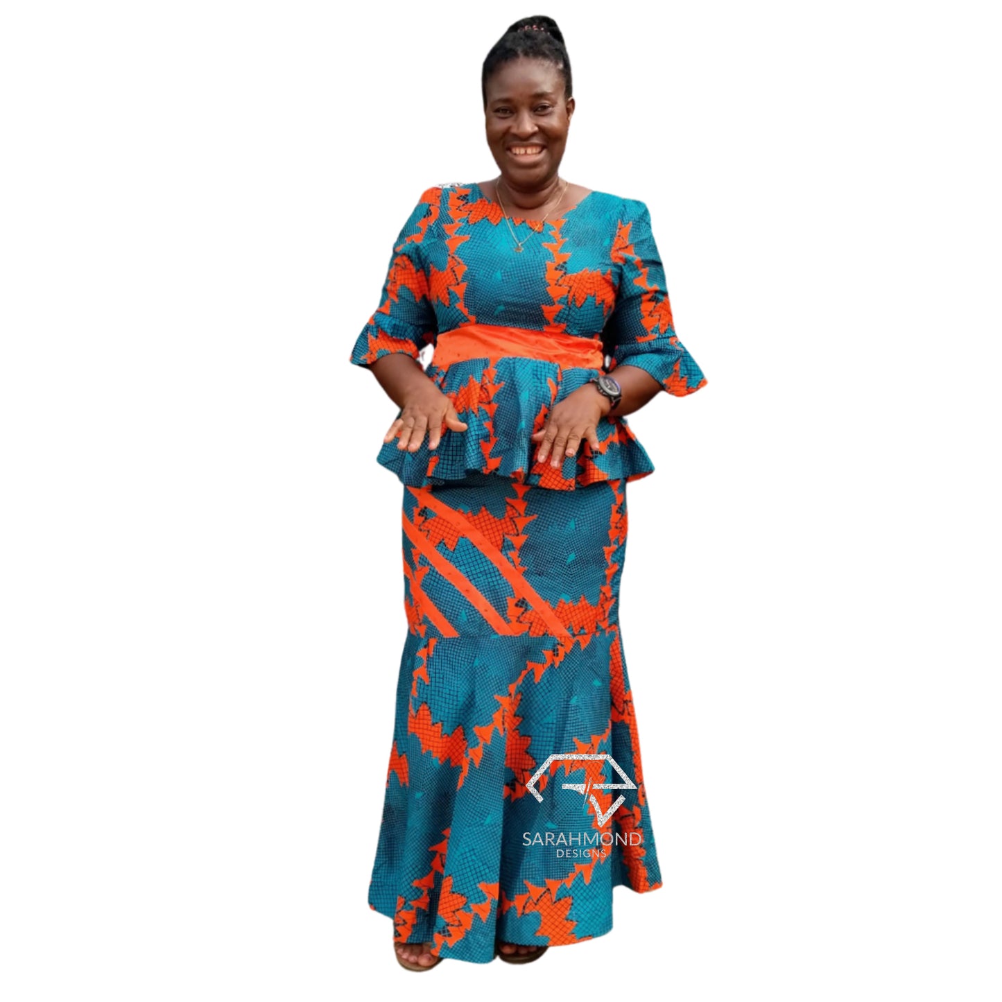 Cindy Ankara Two Piece Set With Long Mermaid Skirt And Peplum Bell Sleeves Top - Custom Made