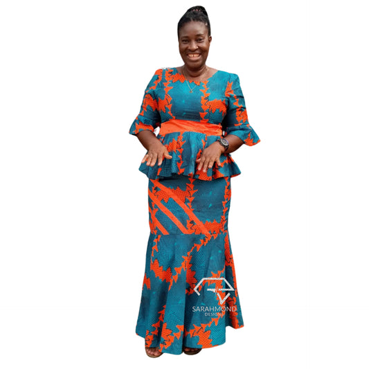 Cindy Ankara Two Piece Set With Long Mermaid Skirt And Peplum Bell Sleeves Top - Custom Made