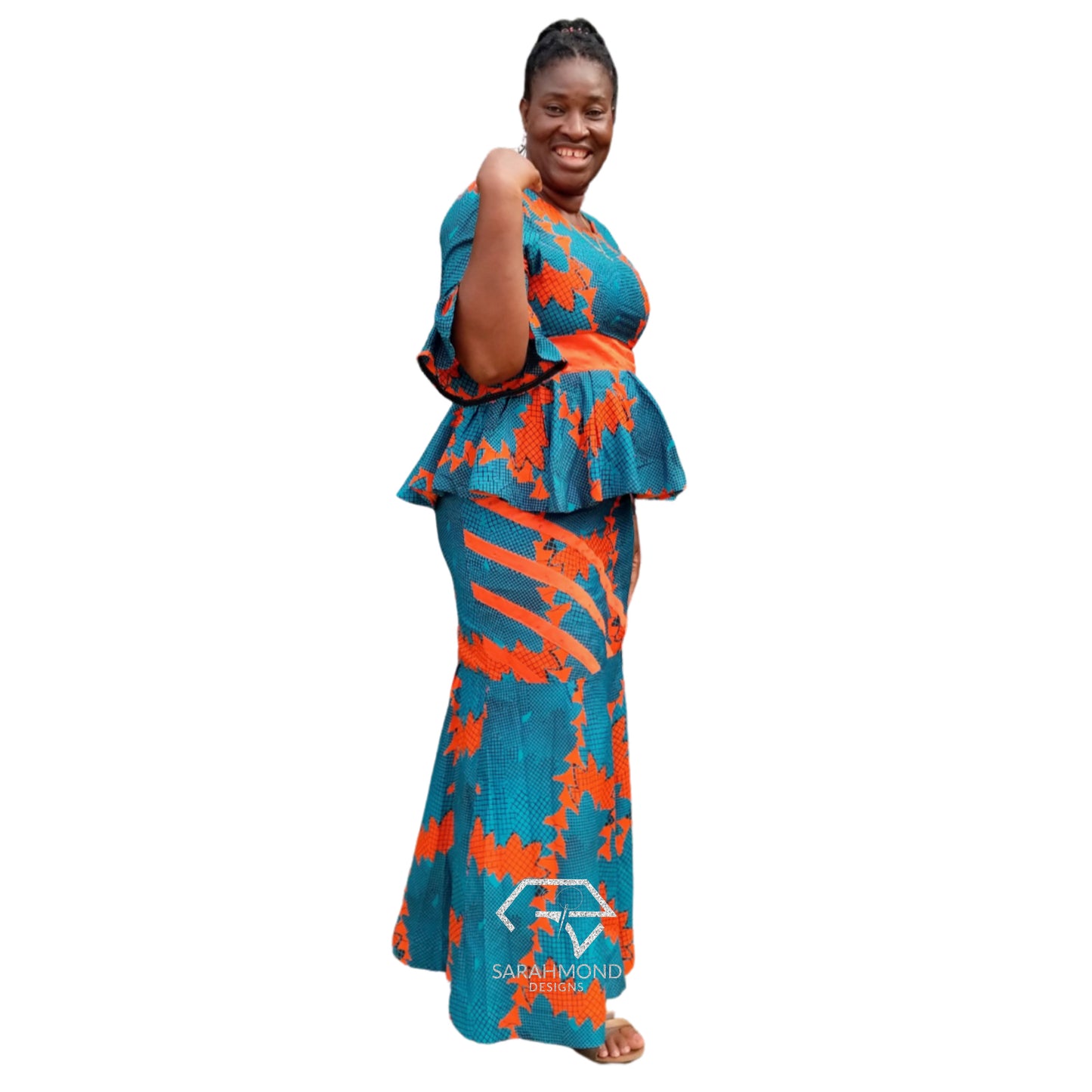 Cindy Ankara Two Piece Set With Long Mermaid Skirt And Peplum Bell Sleeves Top - Custom Made