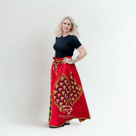 Gwen Red Ankara Maxi Long Skirt With Pockets - Custom Made