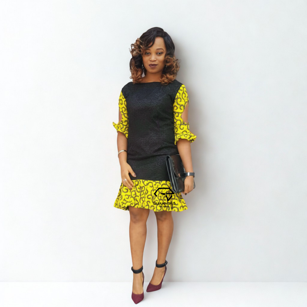 Ada-Ada Two Ankara And Lace Short Dress With Keyhole Sleeves - Custom Made