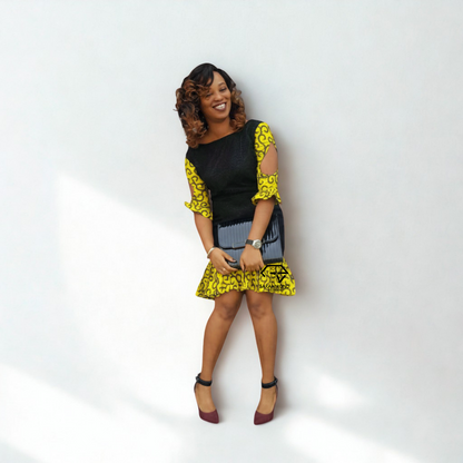 Ada-Ada Two Ankara And Lace Short Dress With Keyhole Sleeves - Custom Made