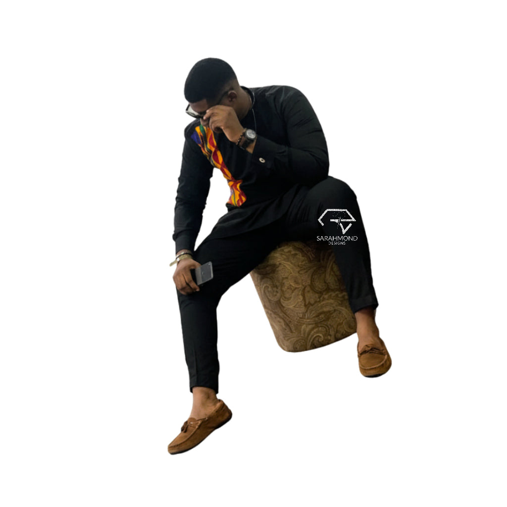 Hugh African Trousers Or Pants Men's Two Piece Set With Long Sleeve Top - Custom Made