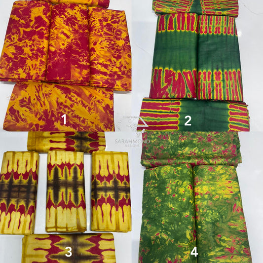 Handcrafted African Kampala Adire Fabrics 100% Cotton - Custard Batik Tie Dye Prints In Red, Green, Yellow, Brown, Multicolor And Geometric, Color Splash, Vintage Shapes And Designs