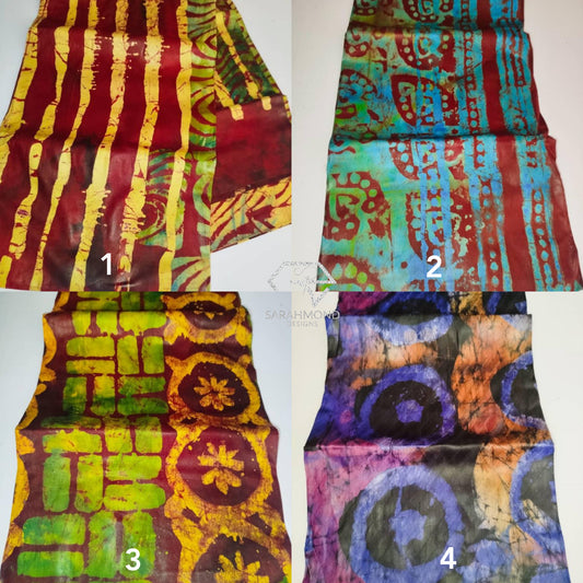 Handcrafted African Kampala Adire Fabrics 100% Cotton - Tie Dye Prints In Burgundy, Yellow, Turquoise, Orange, Green, Purple, Multicolor And Leafy, Geometric, Vintage Shapes And Designs