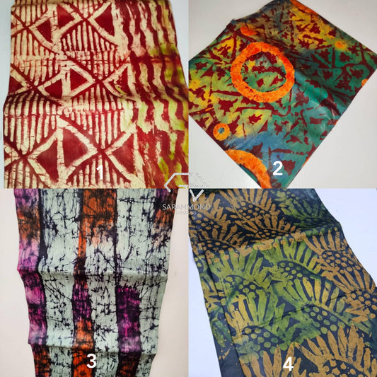 Handcrafted African Kampala Adire Fabrics 100% Cotton - Tie Dye Prints In Red, Green, White, Purple, Brown, Multicolor And Leafy, Geometric, Vintage Shapes And Designs