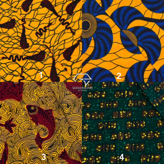 Premium African Ankara 100% Cotton Fabrics - African Wax Prints In Yellow, Blue, Burgundy, Gold, Green, Multicolor And Fish, Bow Tie, Geometric, Vintage Shapes And Designs