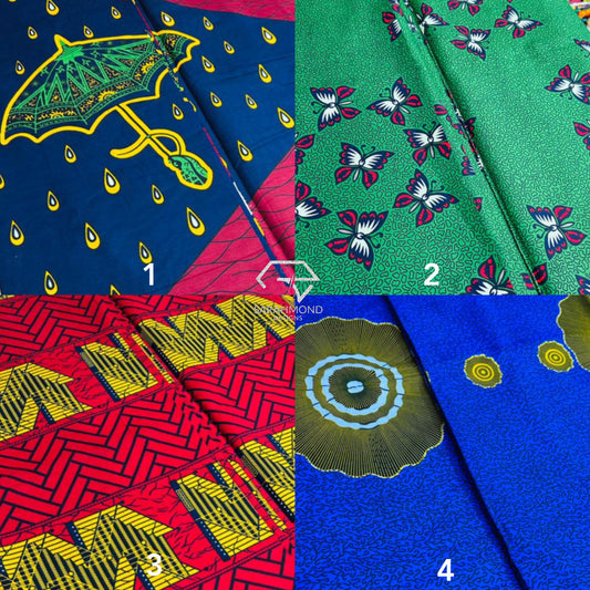Premium African Ankara 100% Cotton Fabrics - African Wax Prints In Red, Blue, Green, Multicolor And Umbrella, Rain Drops, Butterflies, Geometric, Vintage Shapes And Designs