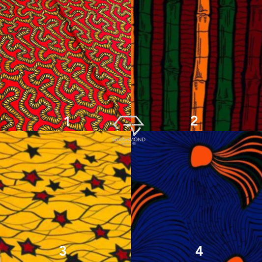 Premium African Ankara 100% Cotton Fabrics - African Wax Prints In Red, Green, Orange, Burgundy, Yellow, Blue, Multicolor And Sugarcane, Stars, Hand Fan, Geometric, Vintage Shapes And Designs