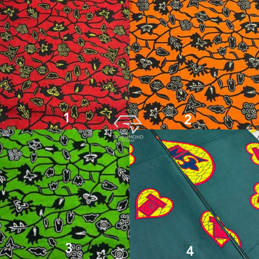 Premium African Ankara 100% Cotton Fabrics - African Wax Prints In Red, Orange, Green, Yellow, Multicolor And Wedding Flower, Sweetheart, Geometric, Vintage Shapes And Designs