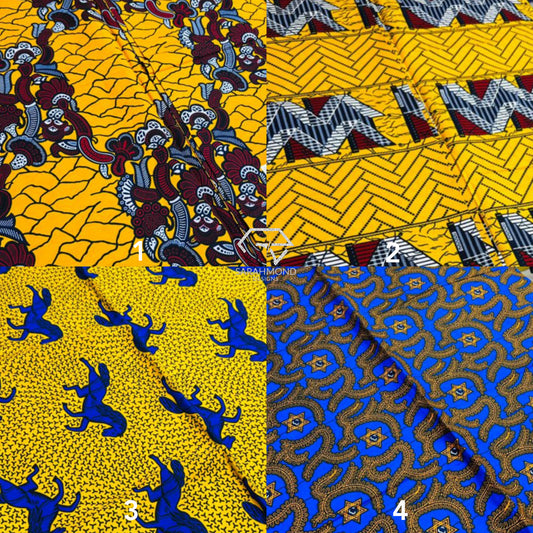 Premium African Ankara 100% Cotton Fabrics - African Wax Prints In Yellow, Blue, Burgundy, Multicolor And Jumping Horse, Geometric, Vintage Shapes And Designs