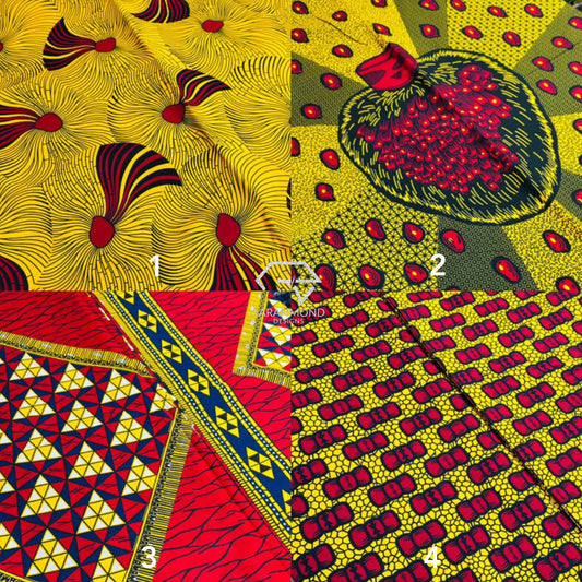 Premium African Ankara 100% Cotton Fabrics - African Wax Prints In Yellow, Red, Black, Multicolor And Bow Tie, Broken Plate, Hand Fan, Geometric, Vintage Shapes And Designs