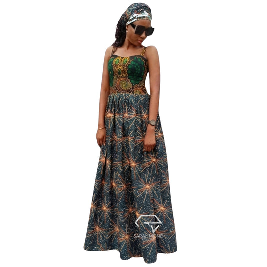 Paris Ankara Gathered Long Dress With Spaghetti Strap - Custom Made