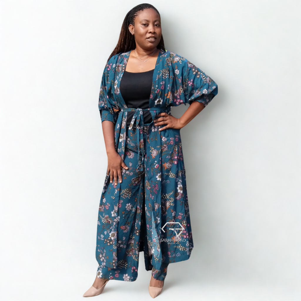 Delight Trousers Or Pants And Kimono Vintage Two Piece Set With Belt - Custom Made