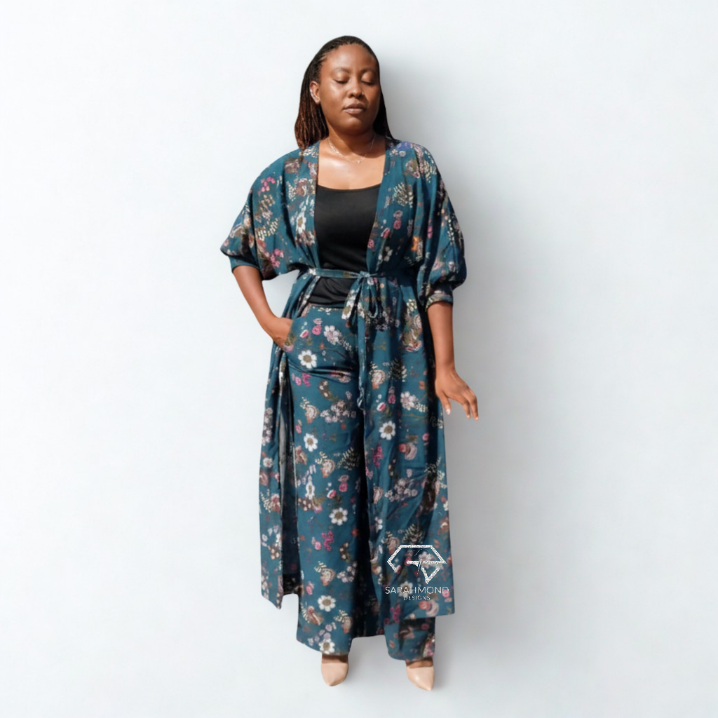 Delight Trousers Or Pants And Kimono Vintage Two Piece Set With Belt - Custom Made